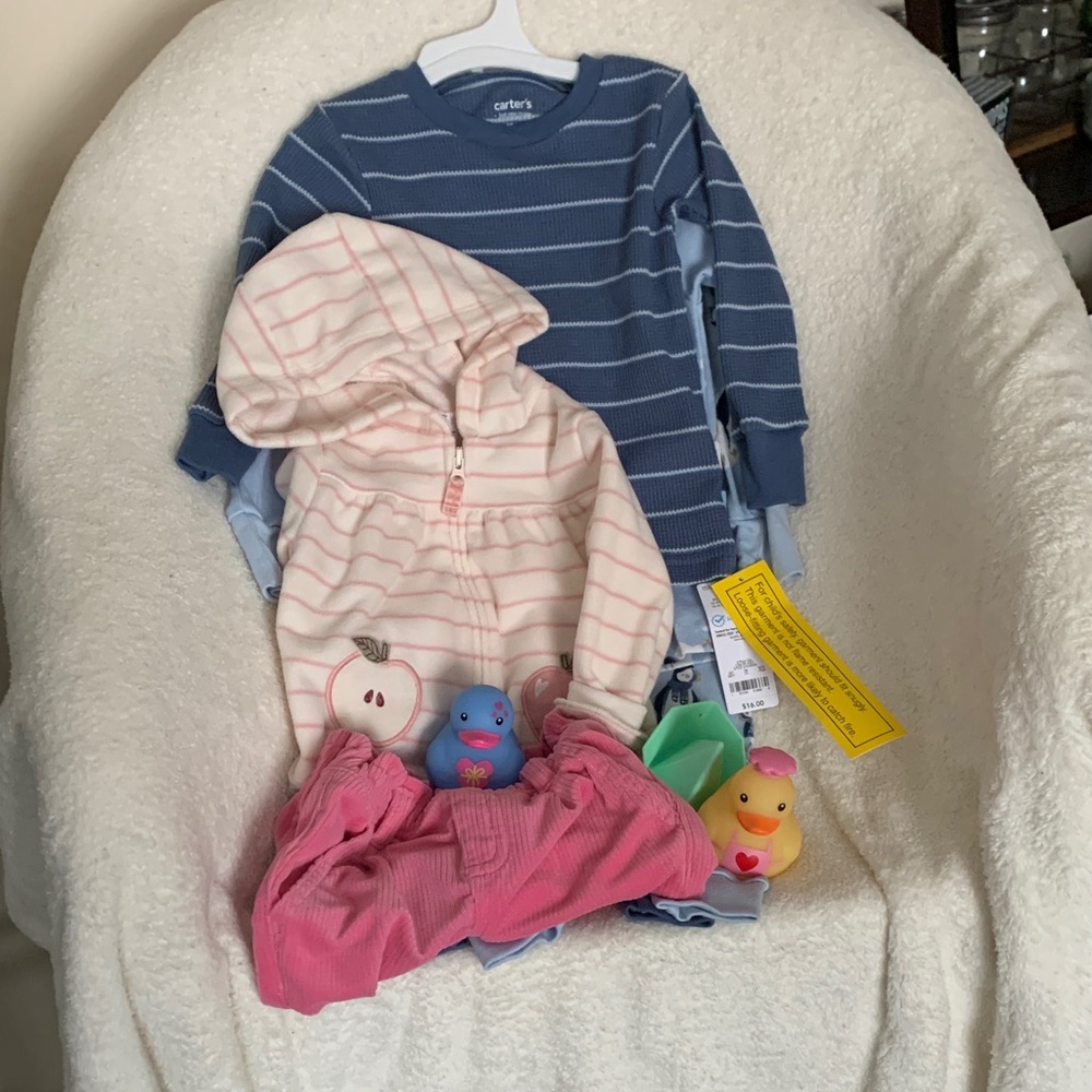 Carter's Blue Striped Onesie and Pink Hooded Romper Set
